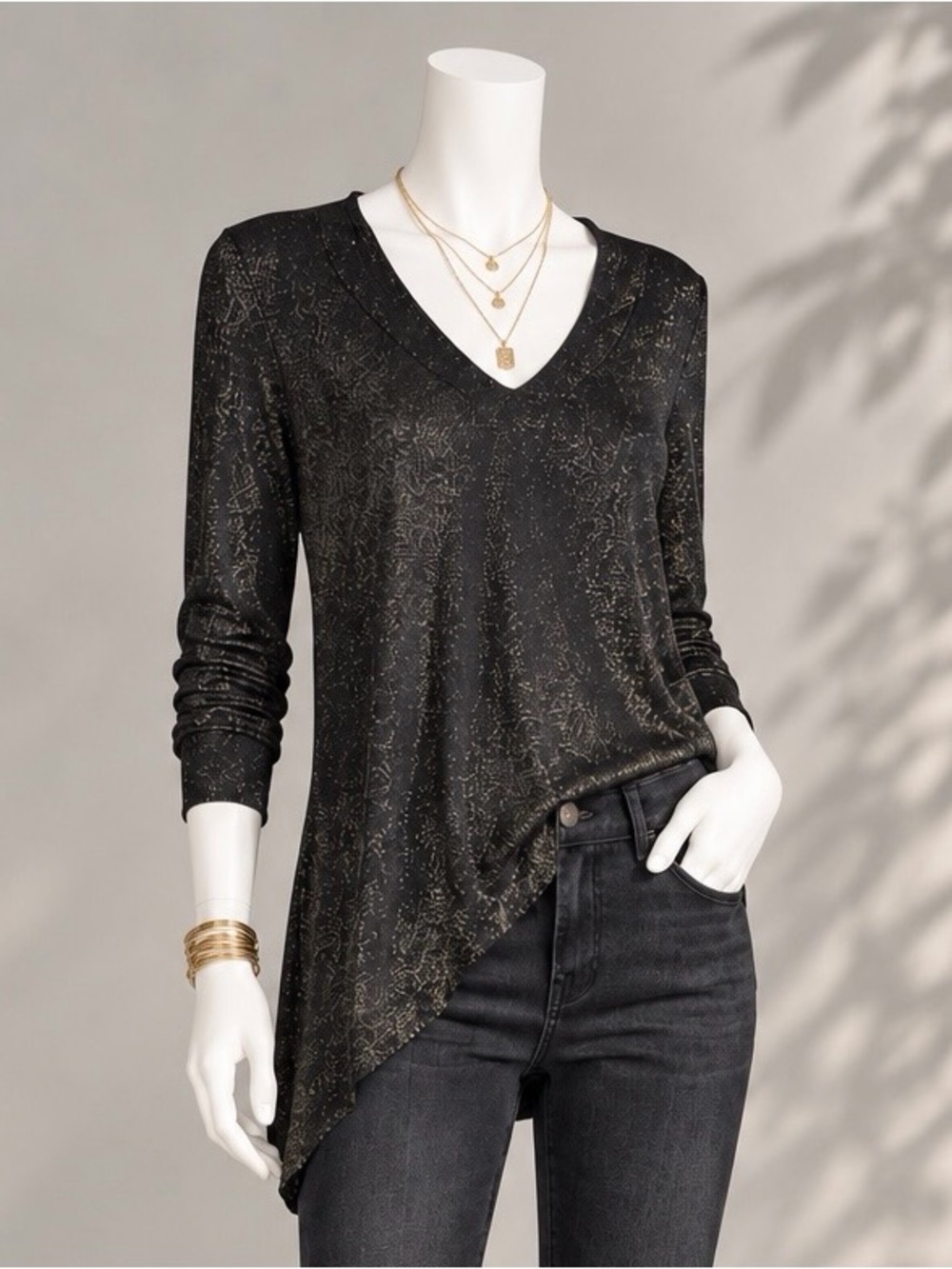 Escada Black Gold Metallic Top US L Asymmetric Sheer Whimsigoth Evening